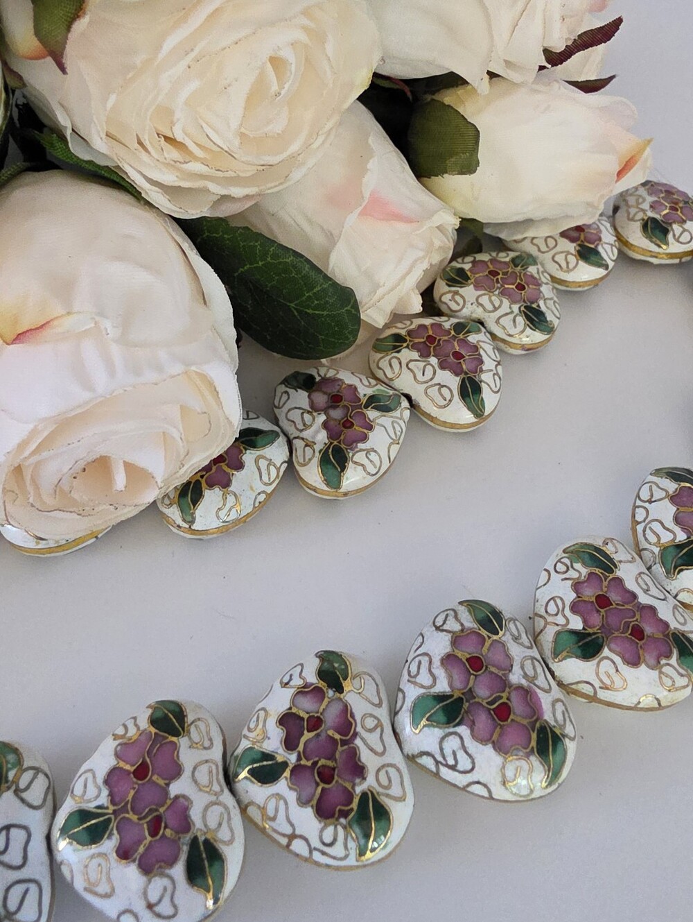 White 23.8mm X 22.2mm Chinese Cloisonne Heart Beads - 2 Beads